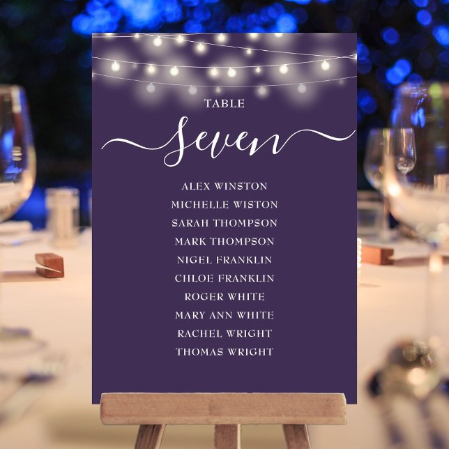 Plan de table numéro de table Guirlande lumineuse  (Purple String Lights Table Number Seating Chart)