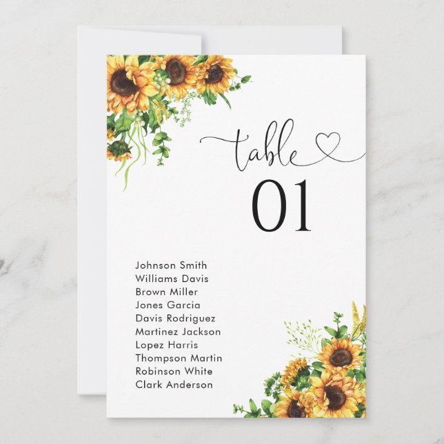 Plan de table numéro tournesol pour le mariage (Devant)