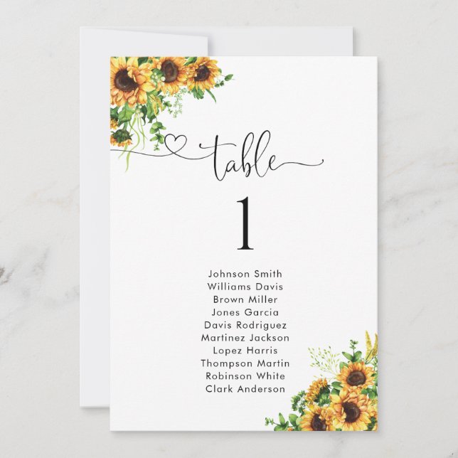 Plan de table numéro tournesol pour mariage (Devant)