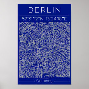 Plan de ville de Berlin Poster Bleu Minimal Urbain