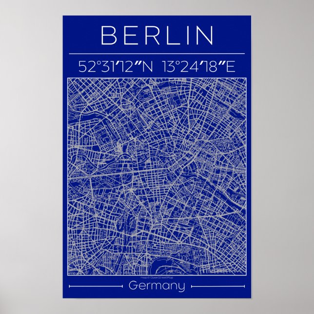 Plan de ville de Berlin Poster Bleu Minimal Urbain (Devant)