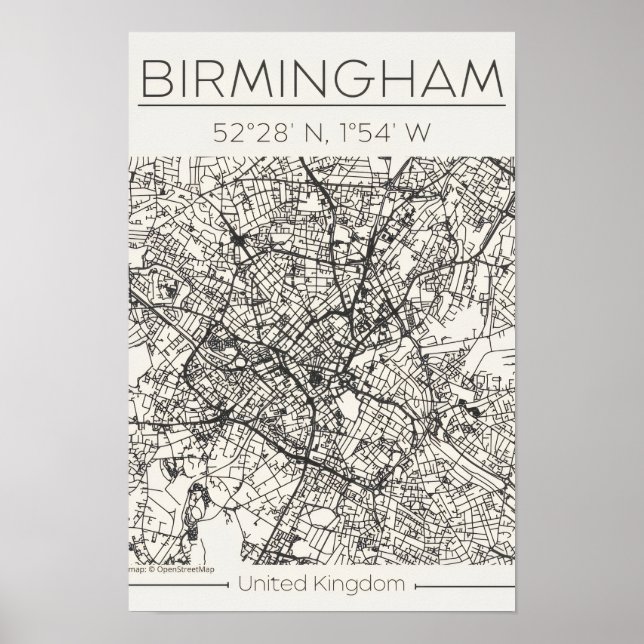 Plan de ville de Birmingham Poster – Moderne Minim (Devant)