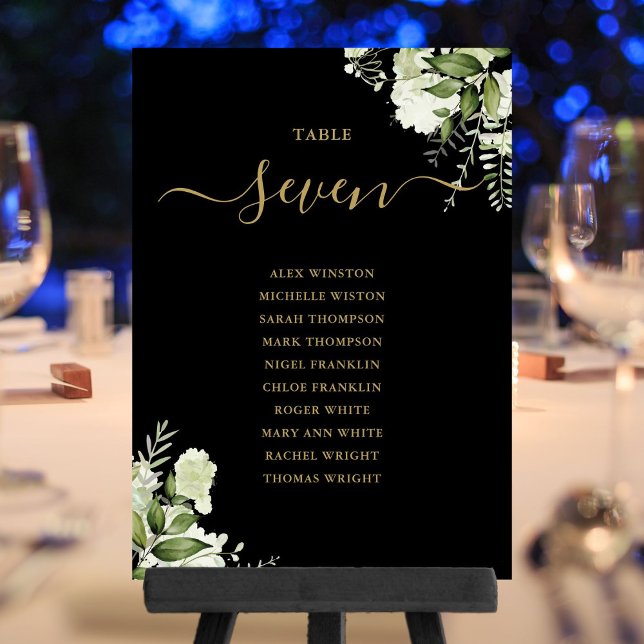 Plan Floral Noir Et Or Numéro De Table (Black And Gold Floral Seating Plan Table Number)