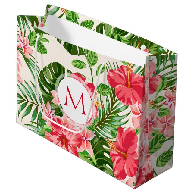Plan floral Rouge Hibiscus Monogramme L Sac cadeau (Devant Angle)