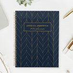 Plan personnalisé Marine Gold Art Déco<br><div class="desc">Planificateur personnalisé sur mesure avec design motif art déco feuille moderne et élégant. Personnalisez avec votre nom pour un carnet planificateur moderne et élégant.</div>