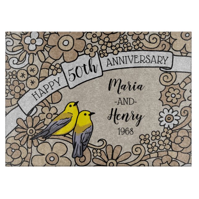 Planche À Découper 50e anniversaire personnalisé, Oiseaux floraux d'o (Devant)