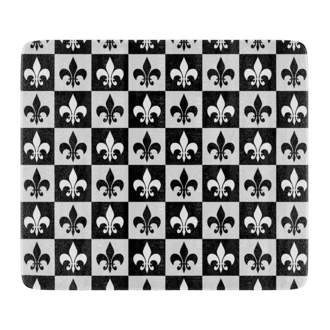 Planche À Découper à damiers Blanc Noir Fleur-De-Lis Motif (Devant)