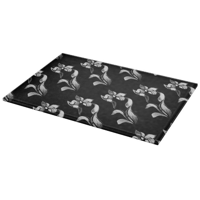 Planche À Découper Abstrait noir blanc brillant fleurs sur noir (Coin)