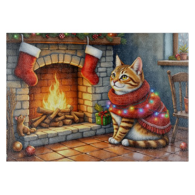 Planche À Découper Abyssinian Cat Sitting by Fireplace with Christmas (Devant)