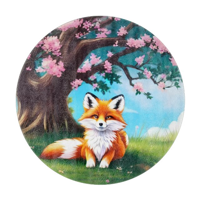 Planche À Découper Adorable Renard assis sous l'arbre (Devant)