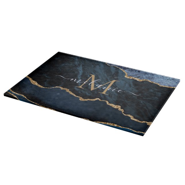 Planche À Découper Agate Blue Gold Marble Nom personnalisé Tableau de (Coin)
