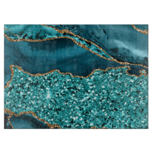 Planche À Découper Agate de mer scintillant de teck et d'or élégant