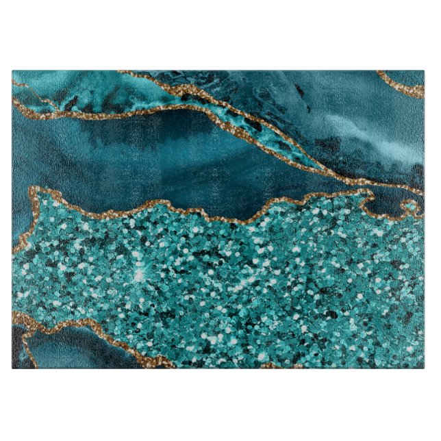 Planche À Découper Agate de mer scintillant de teck et d'or élégant (Devant)