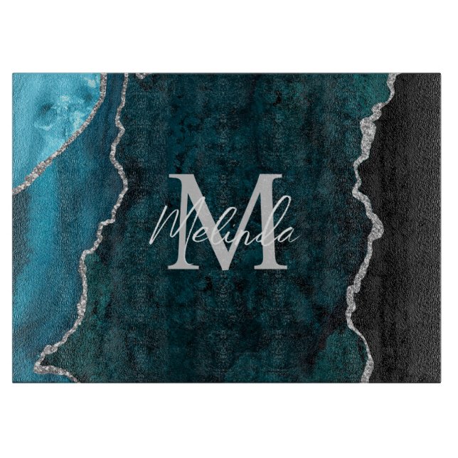 Planche À Découper Agate Marbre Bleu Turquoise et Argent (Devant)