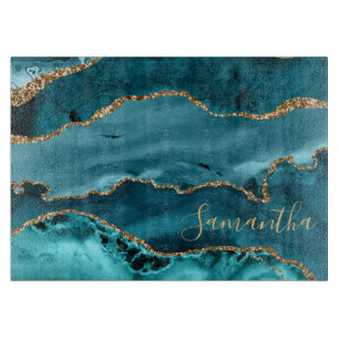 Planche À Découper Agate Marbre Paillettes Sarcelle et Or Faux