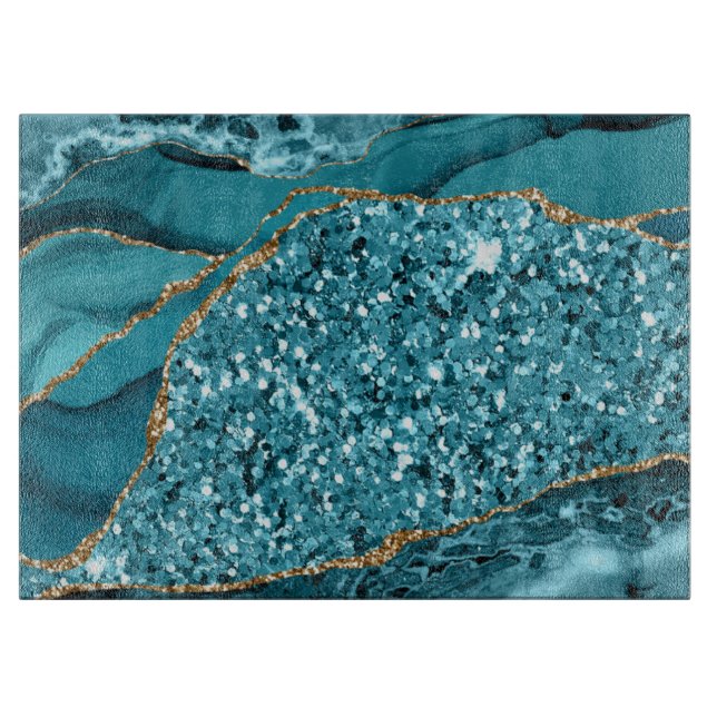 Planche À Découper Agate océanique élégante sarcelle et or pailleté (Devant)