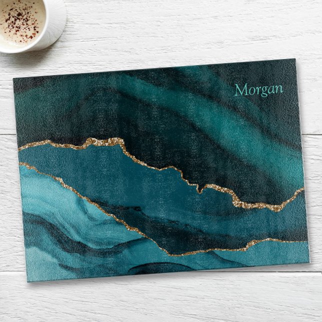 Planche À Découper Agate Or noir et sarcelle, nom personnalisé (Créateur téléchargé)
