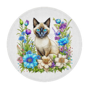 Planche À Découper Ai Aquarelle Siamese Chat en Fleurs