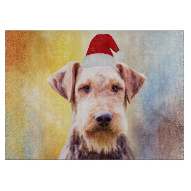 Planche À Découper Airedale Chien Noël Santa Hat Art Portrait (Devant)