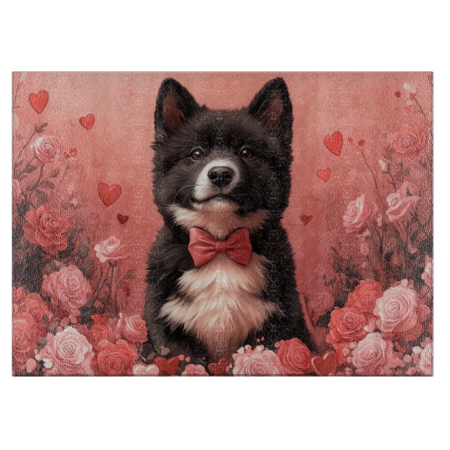 Planche À Découper Akita américain avec des roses - Saint-Valentin (Devant)