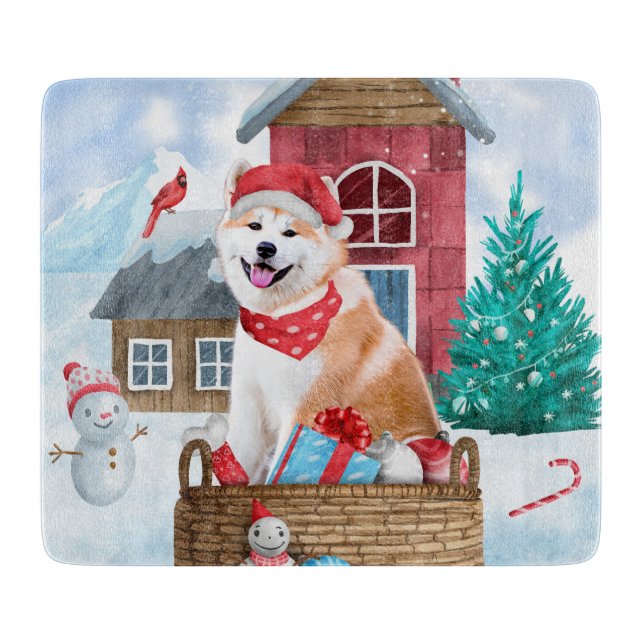 Planche À Découper Akita Chien dans la neige Maison de Chien de Noël (Devant)