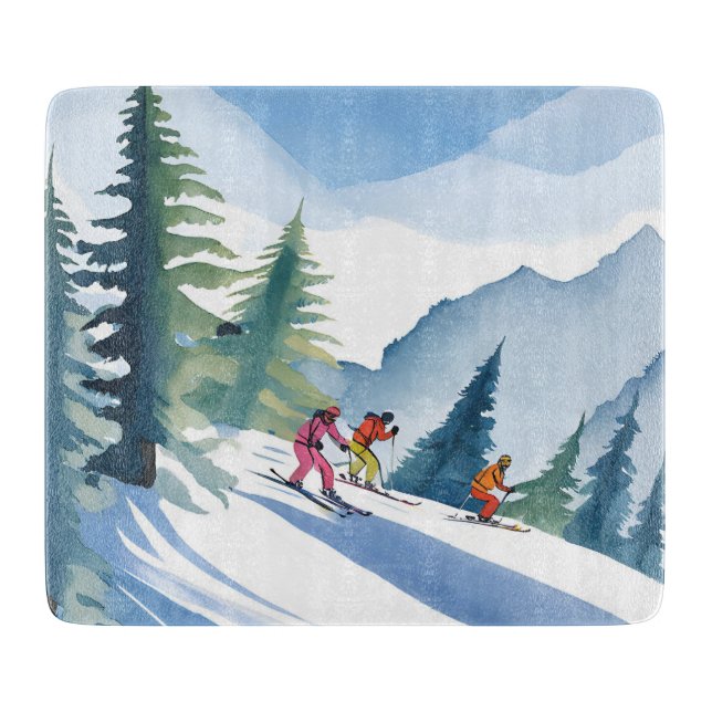 Planche À Découper Allons Ski | Peinture Aquarelle d'Hiver (Devant)