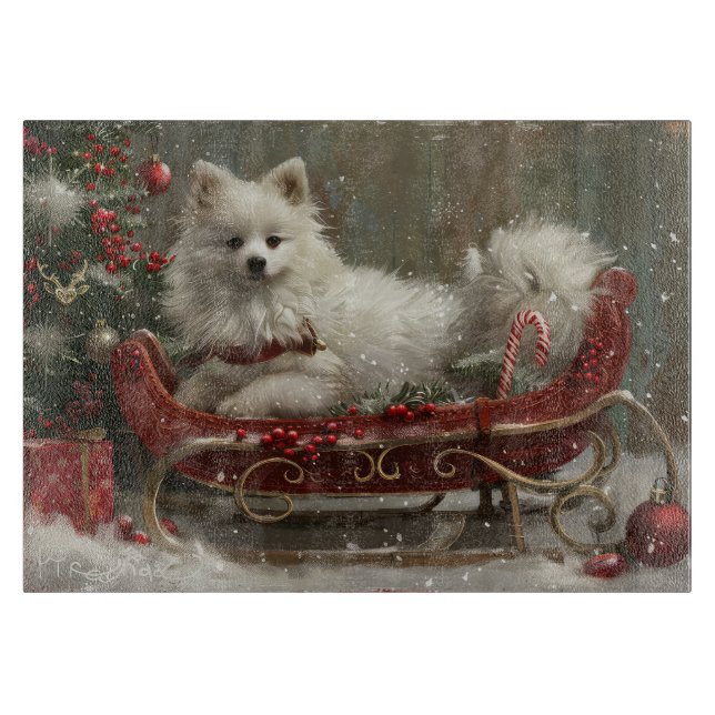 Planche À Découper American Eskimo Chien Festif de Noël (Devant)
