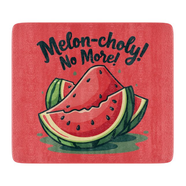 Planche À Découper Amusante Pun de pastèque "Melon-choly No More" (Devant)