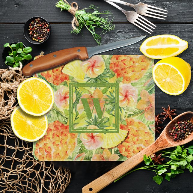 Planche À Découper Ananas monogrammes (Monogrammed Pineapples Glass Cutting Board, more sizes in our store)