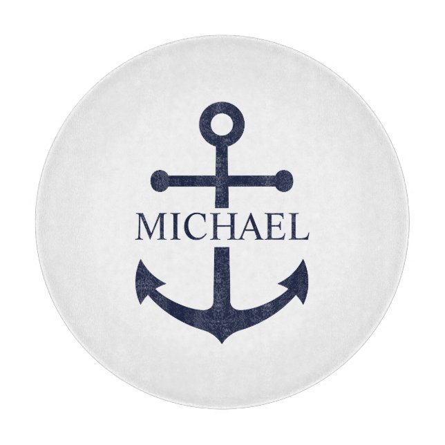 Planche À Découper Ancre bleue marine Nom personnalisé (Devant)