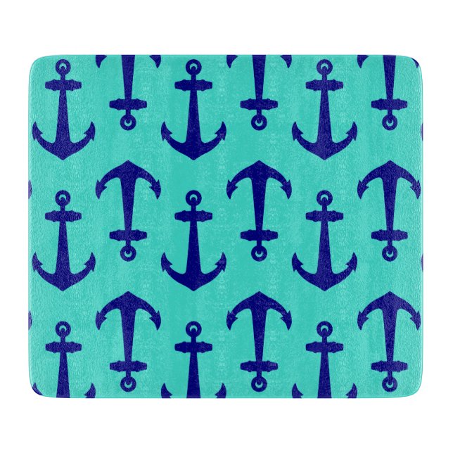 Planche À Découper Ancre Bleue Marine Sur Décor Côtier Turquoise (Devant)