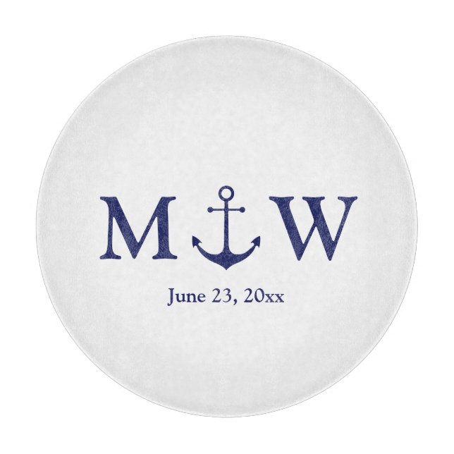 Planche À Découper ancre nautique mariage marine bleu blanc monogramm (Devant)