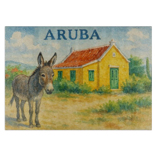 Planche À Découper Âne d'Aruba et maison de Cunucu à l'aquarelle