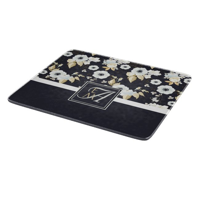 Planche À Découper Anémone décorative florale bleue marine et blanche (Coin)