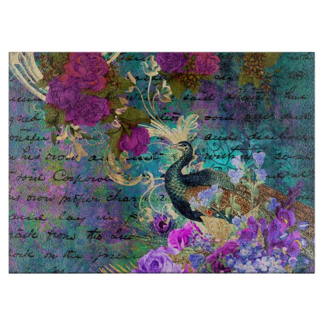Planche À Découper Antique Paon et Fleurs Illustrés Grunge (Devant)