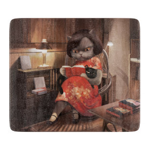 Planche À Découper Après-midi bibliothèque cosy - Chat vintage lo-fi