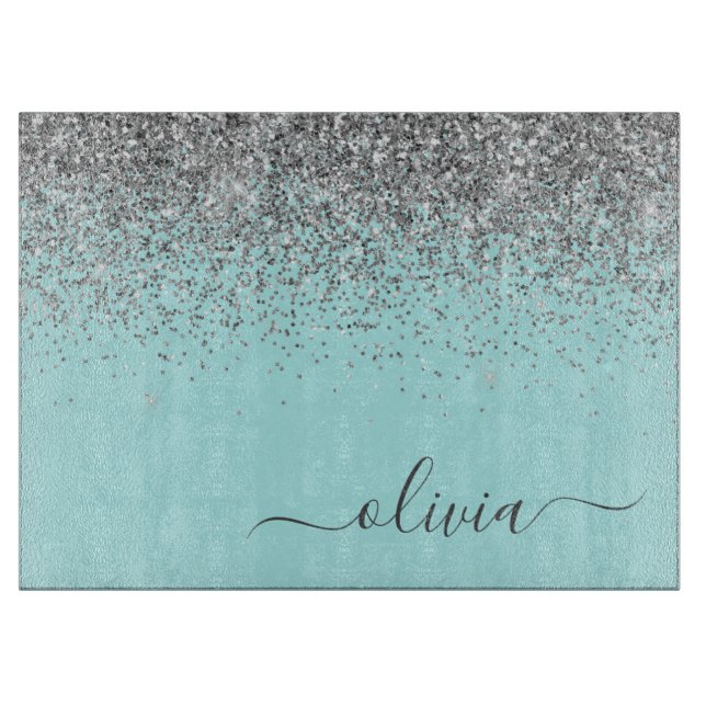 Planche À Découper Aqua Bleu Turquoise Argent Paillettes Monogramme (Devant)