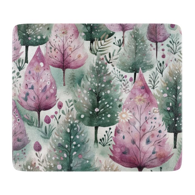 Planche À Découper Aquarelle Arbre de Noël rose violet vert (Devant)