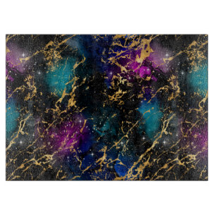 Planche À Découper Aquarelle Arc-en-ciel & Noir & Galaxie Marbre Doré