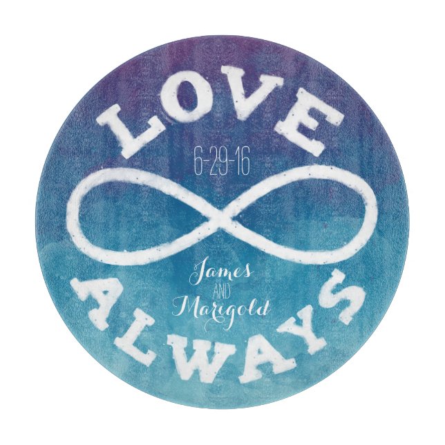 Planche À Découper Aquarelle bleue Infinity Amour Mariage Date, Noms (Devant)