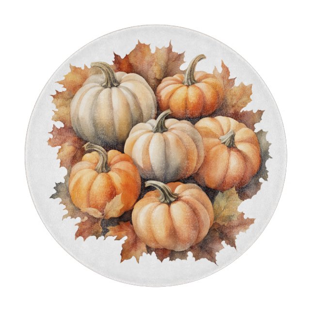 Planche À Découper Aquarelle Citrouilles d'automne avec Feuille (Devant)