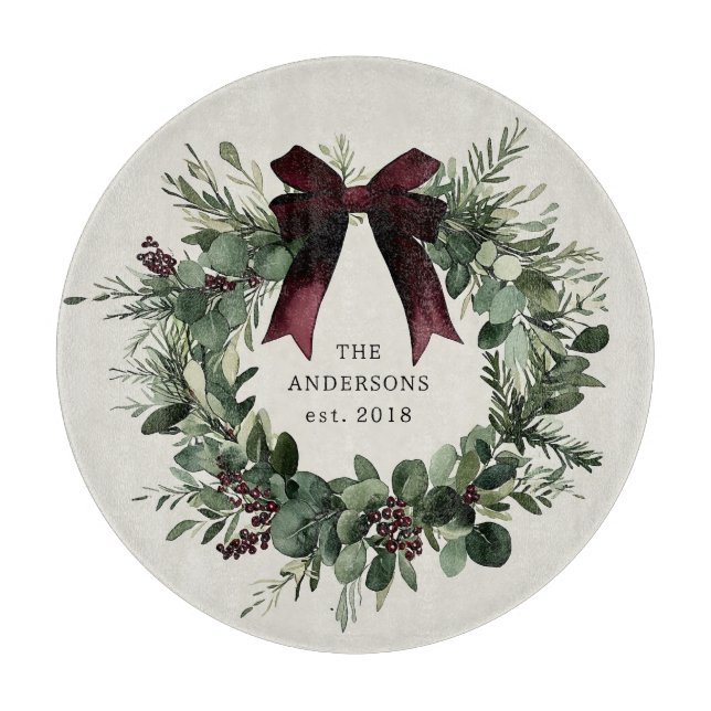 Planche À Découper Aquarelle couronne de Noël Nom personnalisé (Devant)