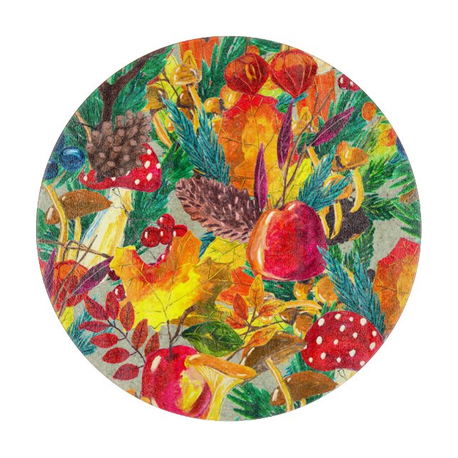 Planche À Découper Aquarelle d'automne Feuilles Champignons Motif (Devant)