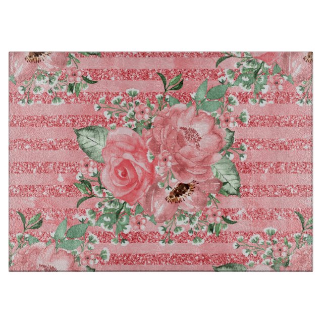 Planche À Découper Aquarelle Fleurs Roses Roses & Bandes de Paillette (Devant)