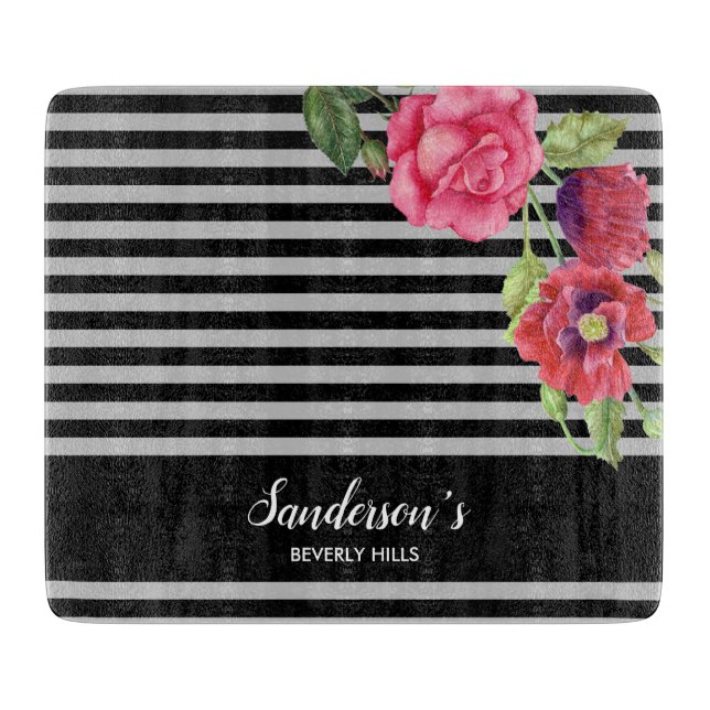 Planche À Découper Aquarelle Fleurs rouges et roses Gris noir (Devant)