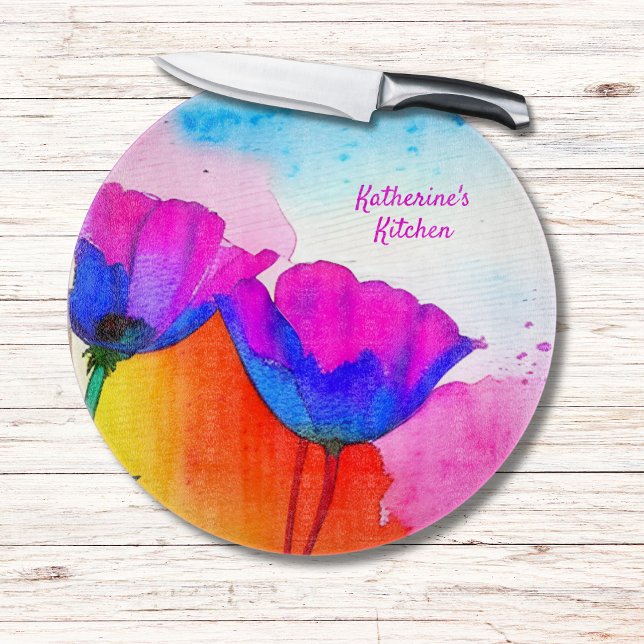 Planche À Découper Aquarelle Floral Californie Pavot rose bleu (Watercolor poppies in pink and blue adorn this beautiful personalized cutting board.)