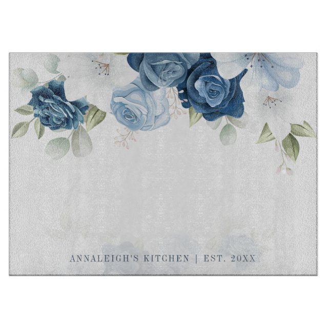 Planche À Découper Aquarelle Florale Bleu Blanc Botanique (Devant)