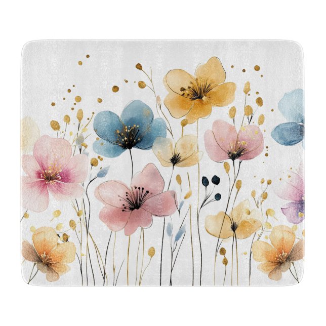 Planche À Découper Aquarelle florale jaune, bleu et rose (Devant)