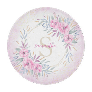 Planche À Découper Aquarelle florale rose monogramme Élégante