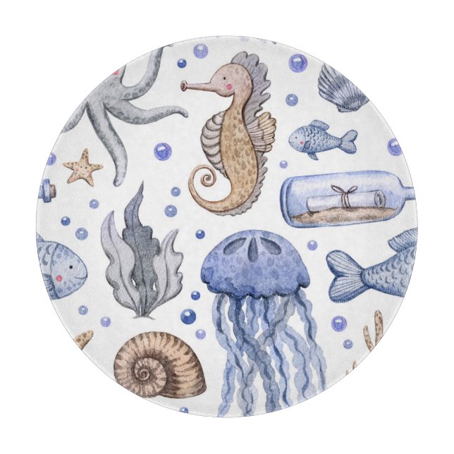 Planche À Découper Aquarelle Peinte à la main Motif de mer. (Devant)
